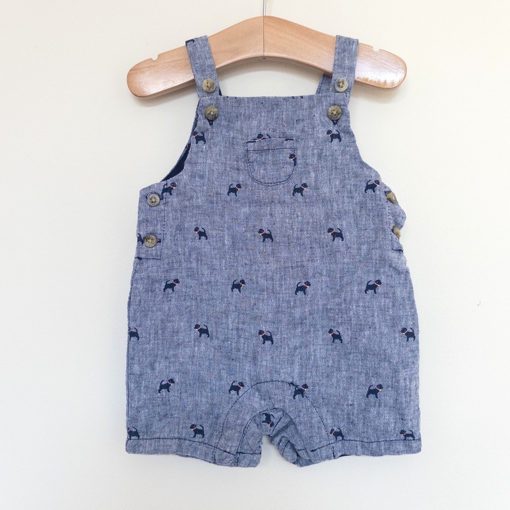 Janie and Jack Shortall Romper Blue Scottie Dog Linen Blend Baby Boy 0-3M